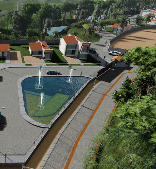 Vista-aérea-del condominio-campestre Reserva del Sol en Coveñas-con-fuente-y zonas-comunes